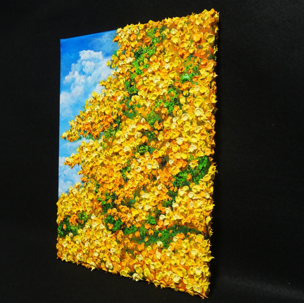 F4号油絵 原画【風とはずむミモザ】春を告げる黄色い花 |インテリア 絵画