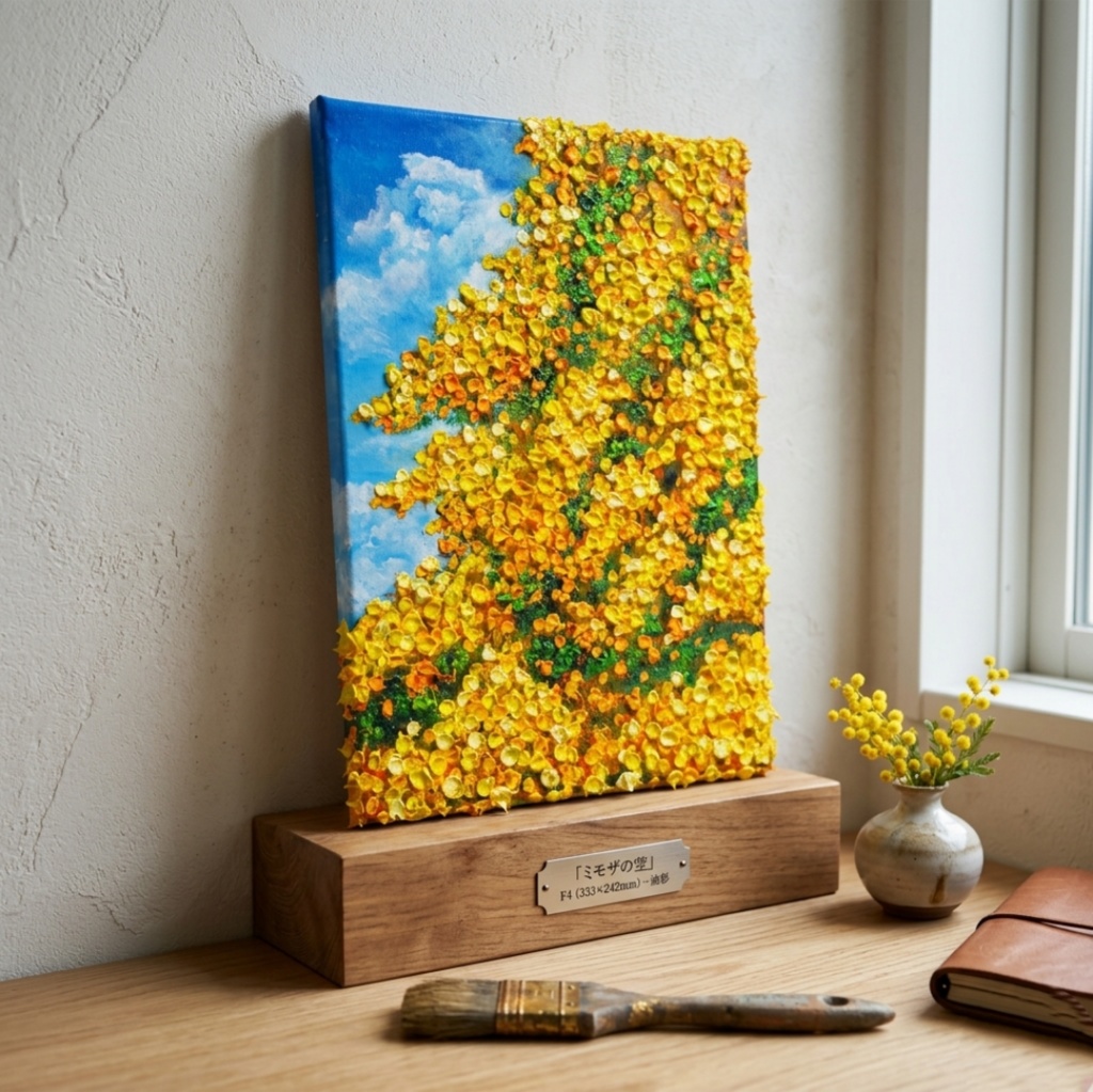 F4号油絵 原画【風とはずむミモザ】春を告げる黄色い花 |インテリア 絵画