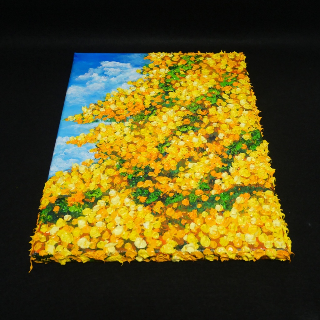 F4号油絵 原画【風とはずむミモザ】春を告げる黄色い花 |インテリア 絵画