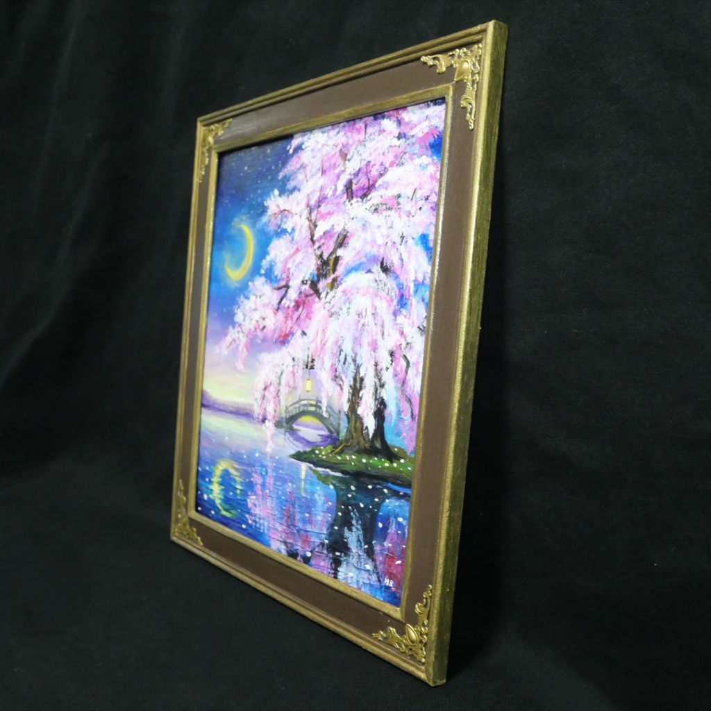 油絵 原画「月光に眠る夜桜」|桜の絵 インテリア アート 癒やしの夜景 壁掛け