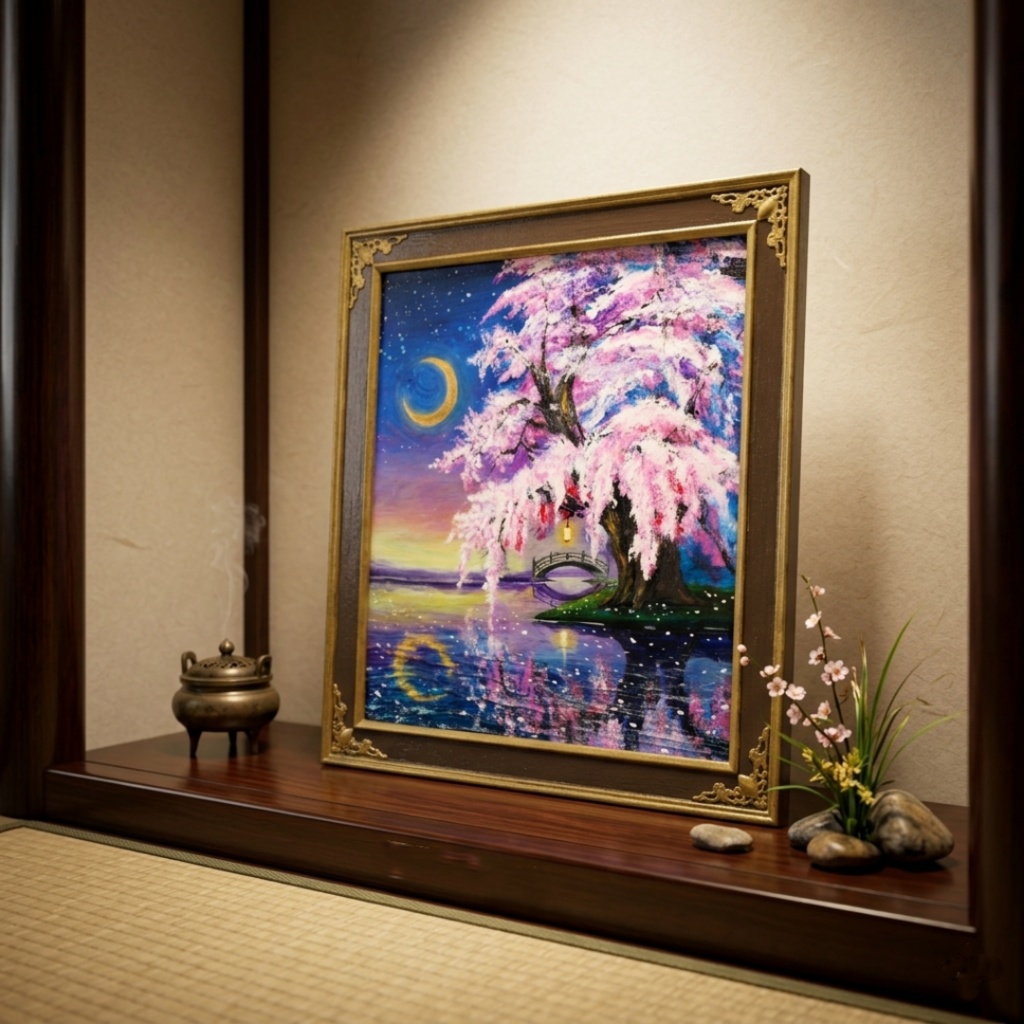 油絵 原画「月光に眠る夜桜」|桜の絵 インテリア アート 癒やしの夜景 壁掛け