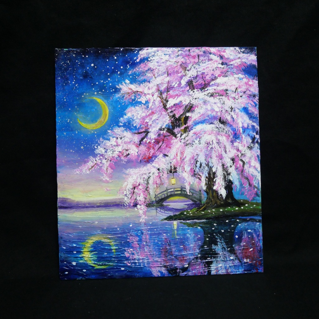 油絵 原画「月光に眠る夜桜」|桜の絵 インテリア アート 癒やしの夜景 壁掛け