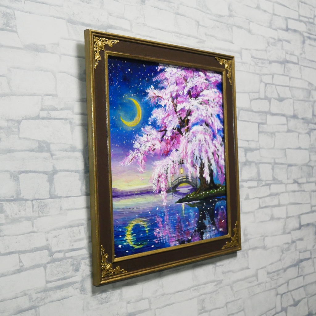 油絵 原画「月光に眠る夜桜」|桜の絵 インテリア アート 癒やしの夜景 壁掛け