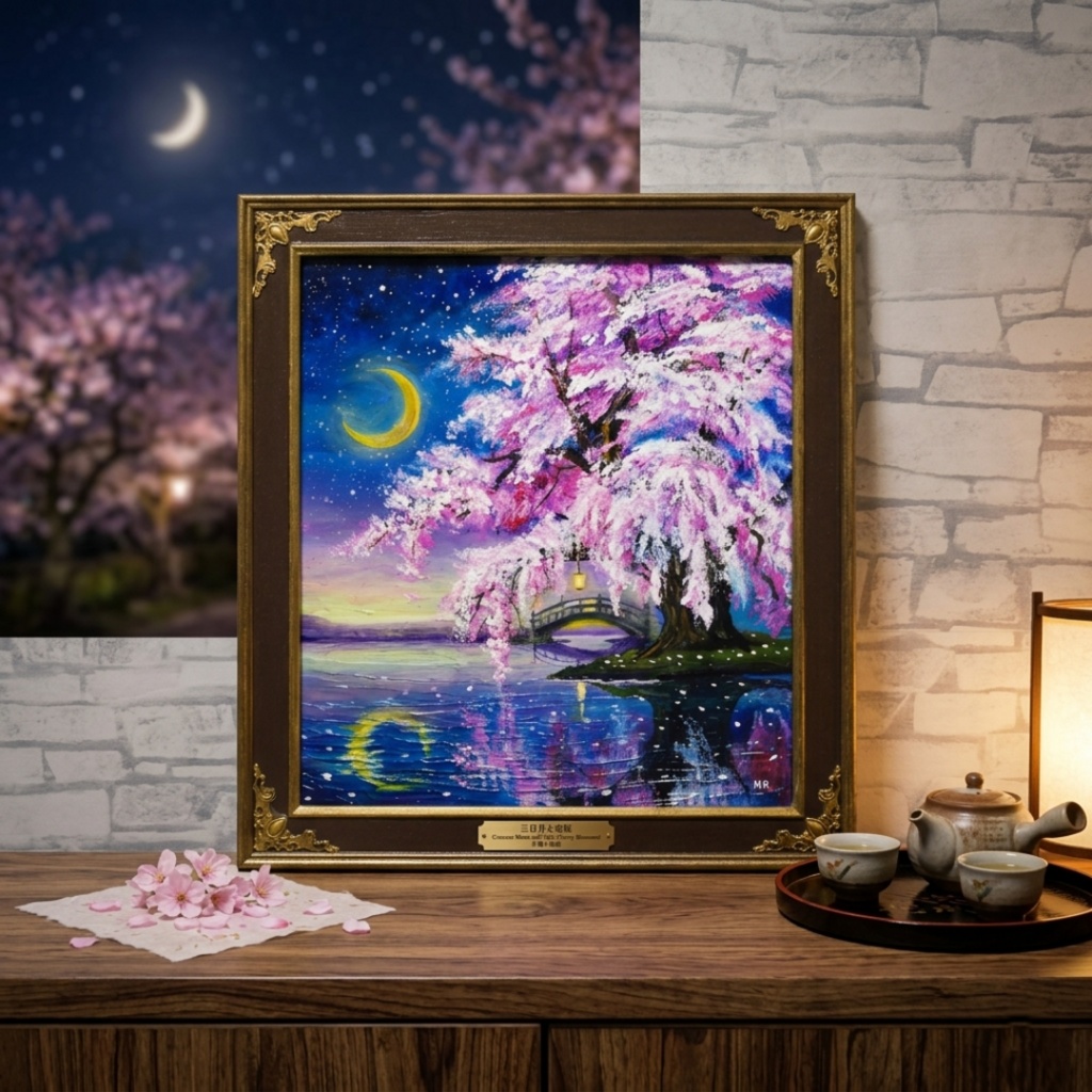 油絵 原画「月光に眠る夜桜」|桜の絵 インテリア アート 癒やしの夜景 壁掛け