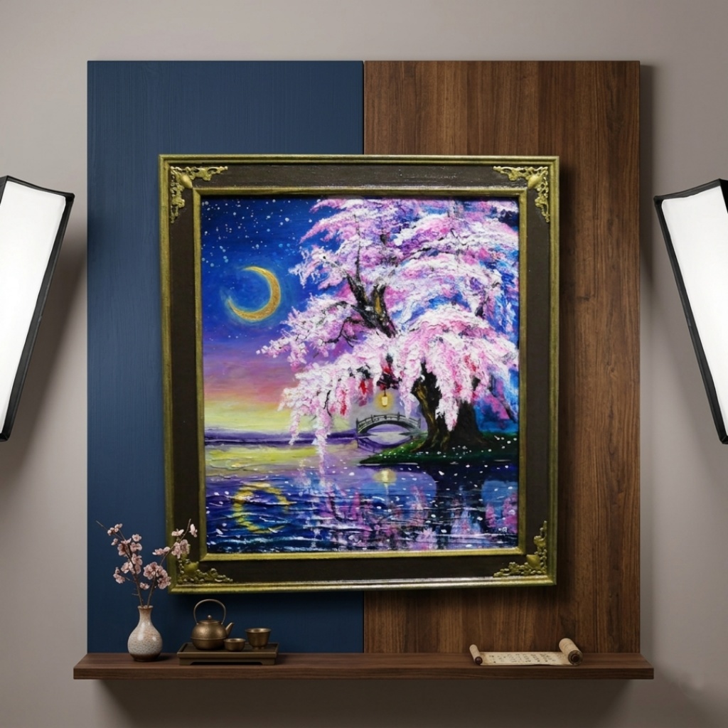 油絵 原画「月光に眠る夜桜」|桜の絵 インテリア アート 癒やしの夜景 壁掛け