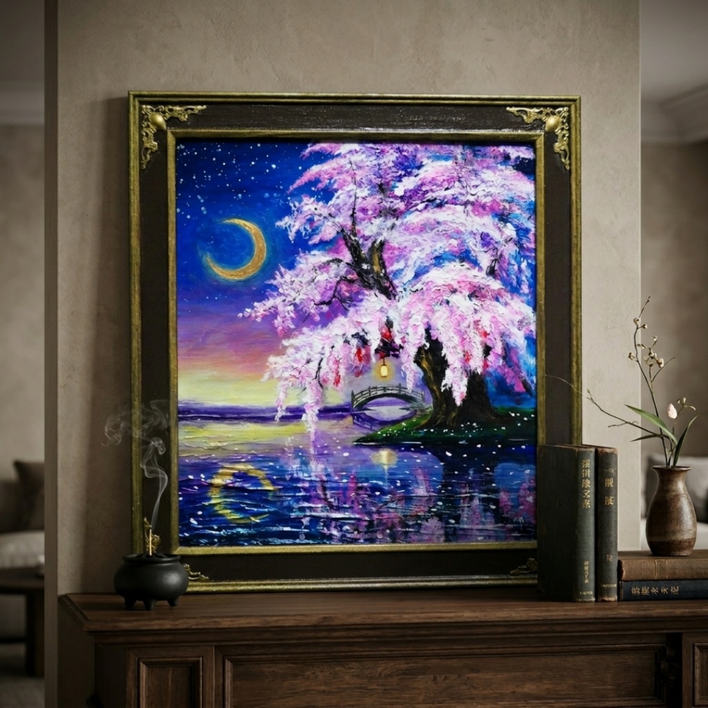 油絵 原画「月光に眠る夜桜」|桜の絵 インテリア アート 癒やしの夜景 壁掛け