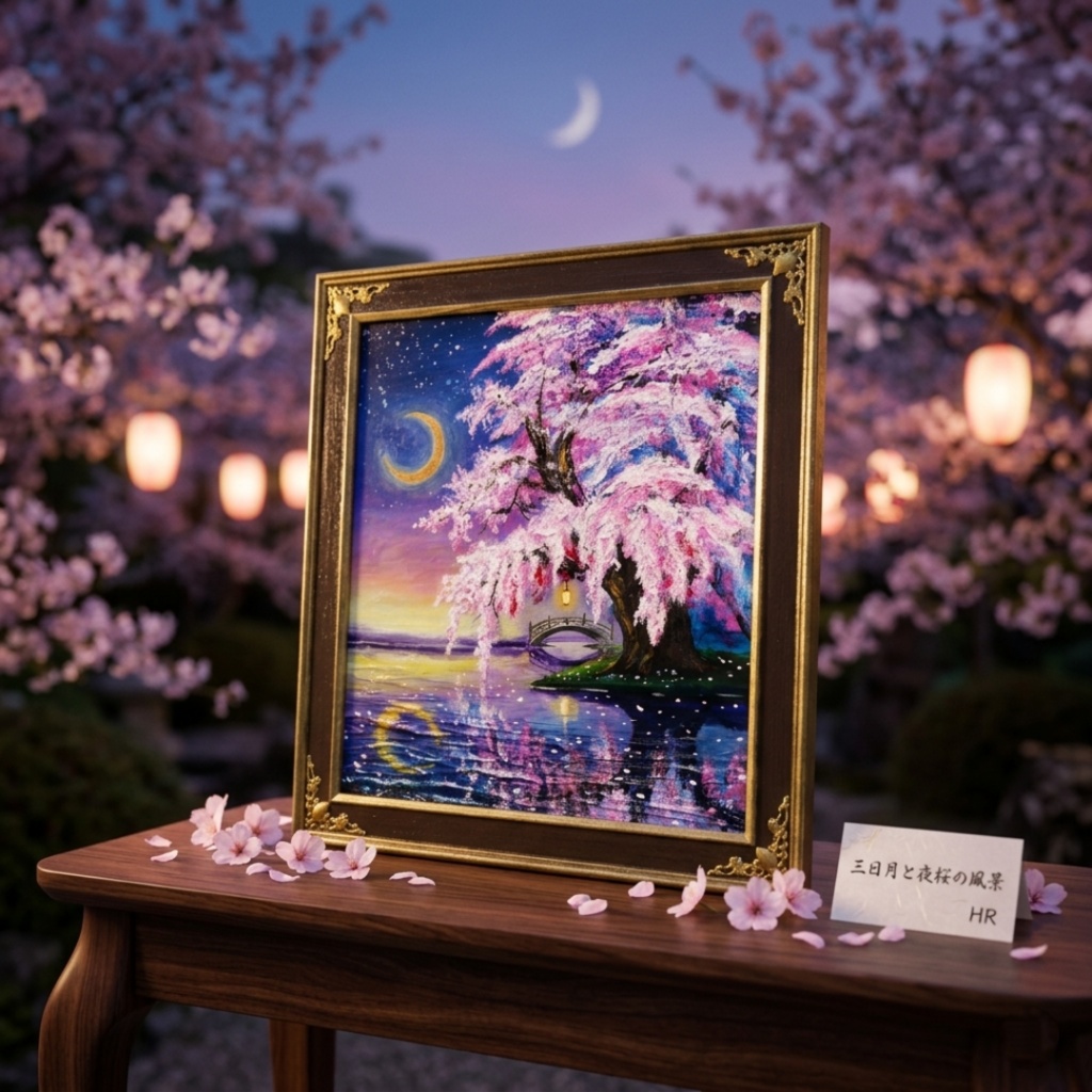 油絵 原画「月光に眠る夜桜」|桜の絵 インテリア アート 癒やしの夜景 壁掛け