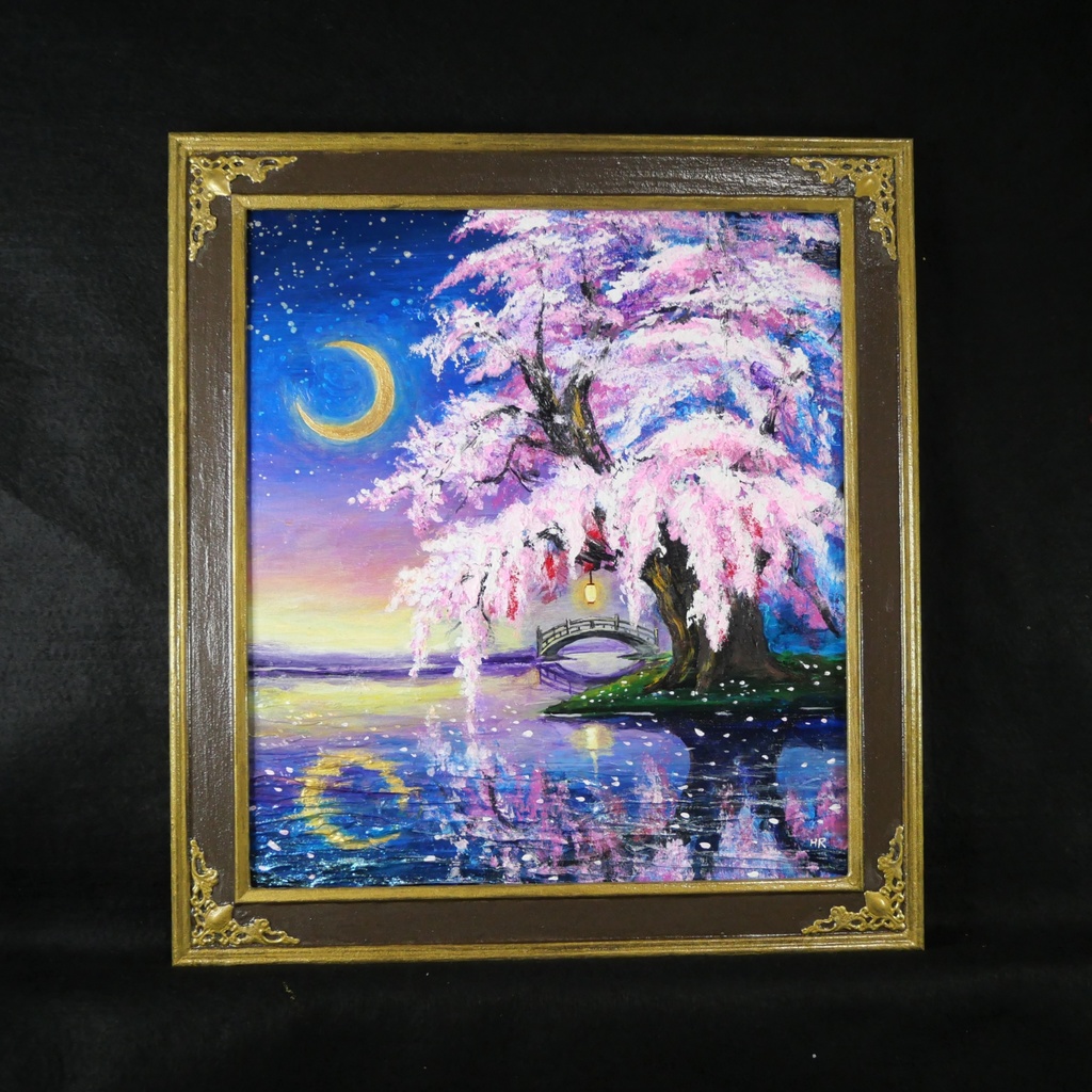 油絵 原画「月光に眠る夜桜」|桜の絵 インテリア アート 癒やしの夜景 壁掛け