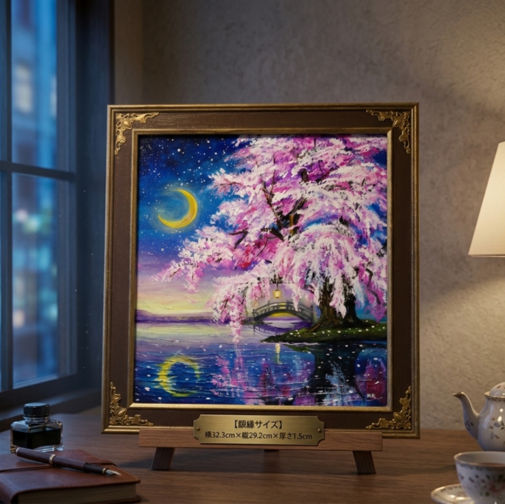 油絵 原画「月光に眠る夜桜」|桜の絵 インテリア アート 癒やしの夜景 壁掛け