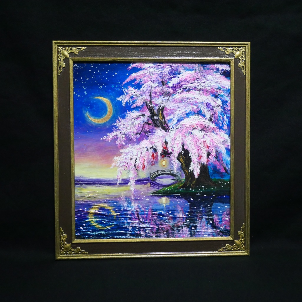 油絵 原画「月光に眠る夜桜」|桜の絵 インテリア アート 癒やしの夜景 壁掛け