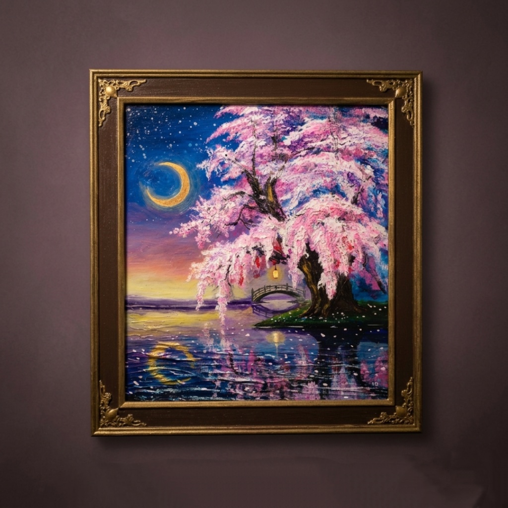 油絵 原画「月光に眠る夜桜」|桜の絵 インテリア アート 癒やしの夜景 壁掛け