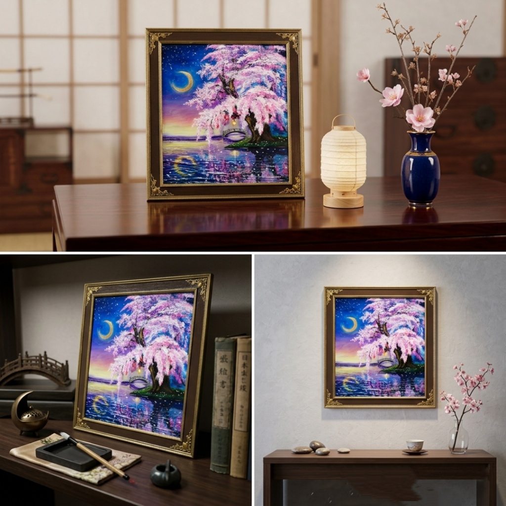 油絵 原画「月光に眠る夜桜」|桜の絵 インテリア アート 癒やしの夜景 壁掛け