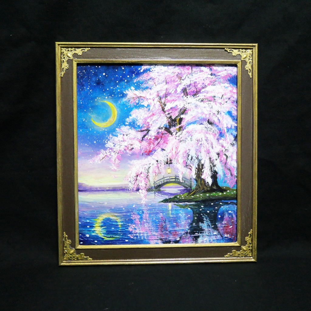油絵 原画「月光に眠る夜桜」|桜の絵 インテリア アート 癒やしの夜景 壁掛け