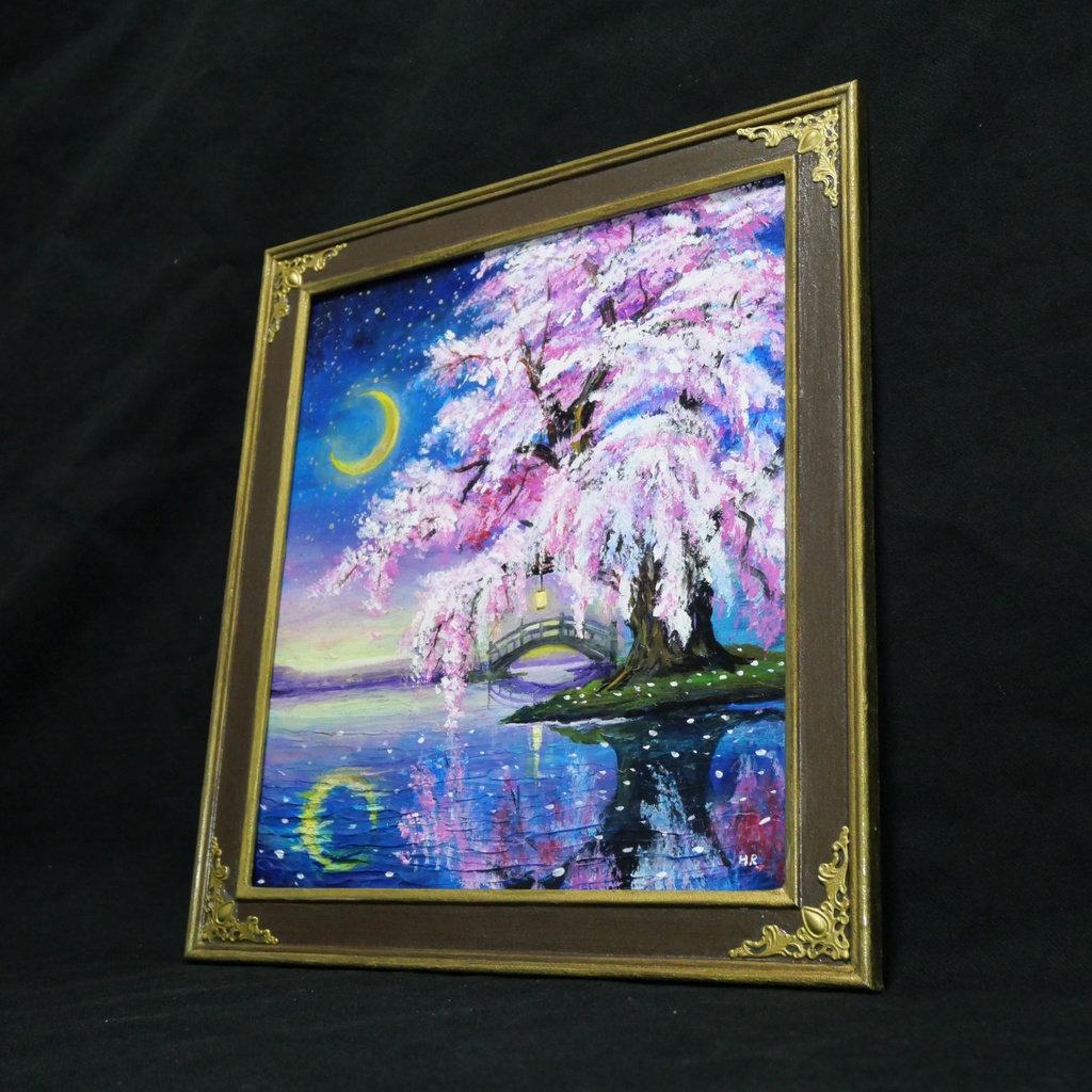 油絵 原画「月光に眠る夜桜」|桜の絵 インテリア アート 癒やしの夜景 壁掛け