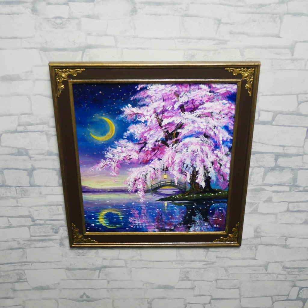 油絵 原画「月光に眠る夜桜」|桜の絵 インテリア アート 癒やしの夜景 壁掛け