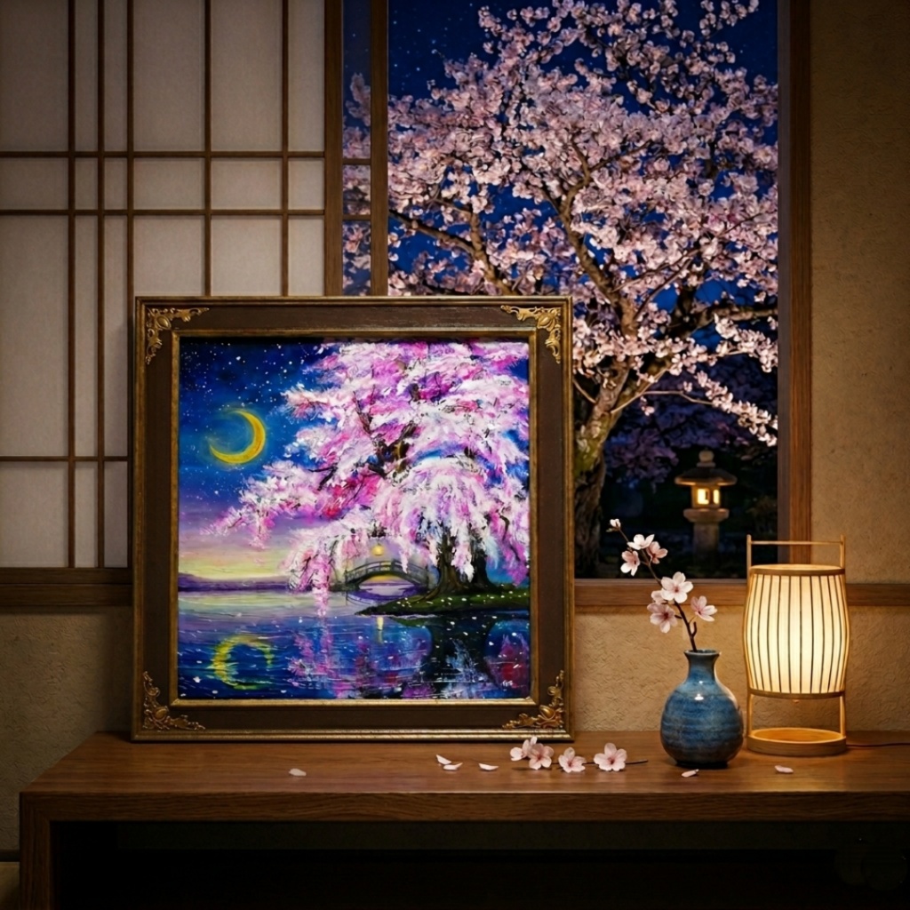 油絵 原画「月光に眠る夜桜」|桜の絵 インテリア アート 癒やしの夜景 壁掛け