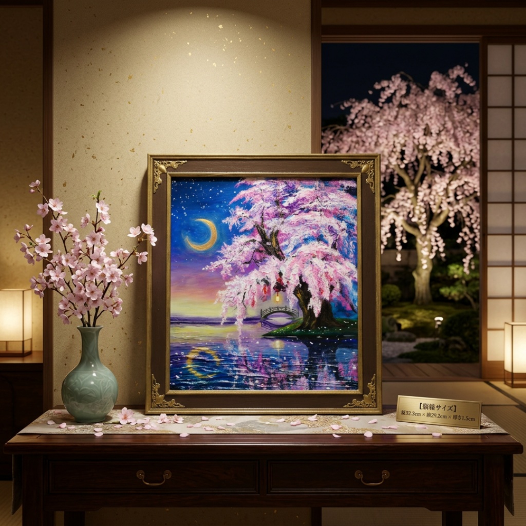 油絵 原画「月光に眠る夜桜」|桜の絵 インテリア アート 癒やしの夜景 壁掛け