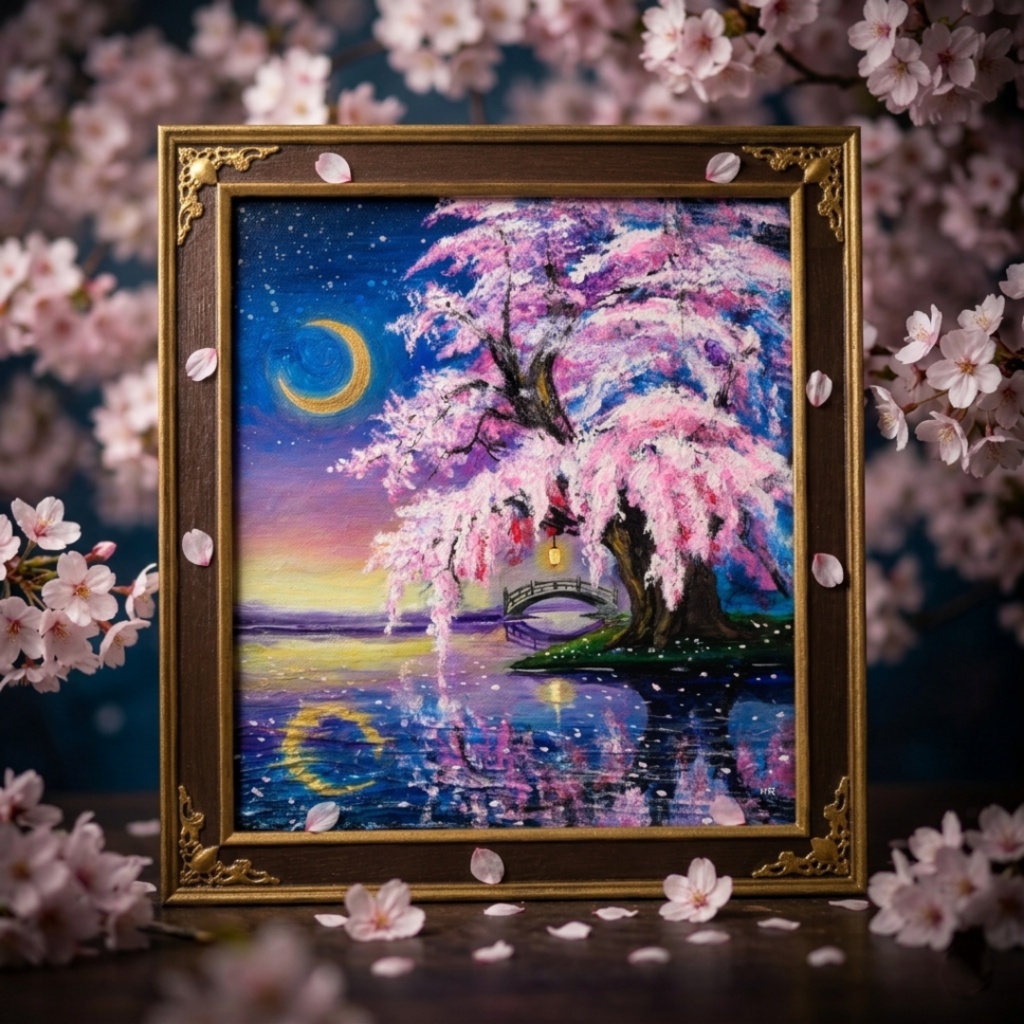 油絵 原画「月光に眠る夜桜」|桜の絵 インテリア アート 癒やしの夜景 壁掛け