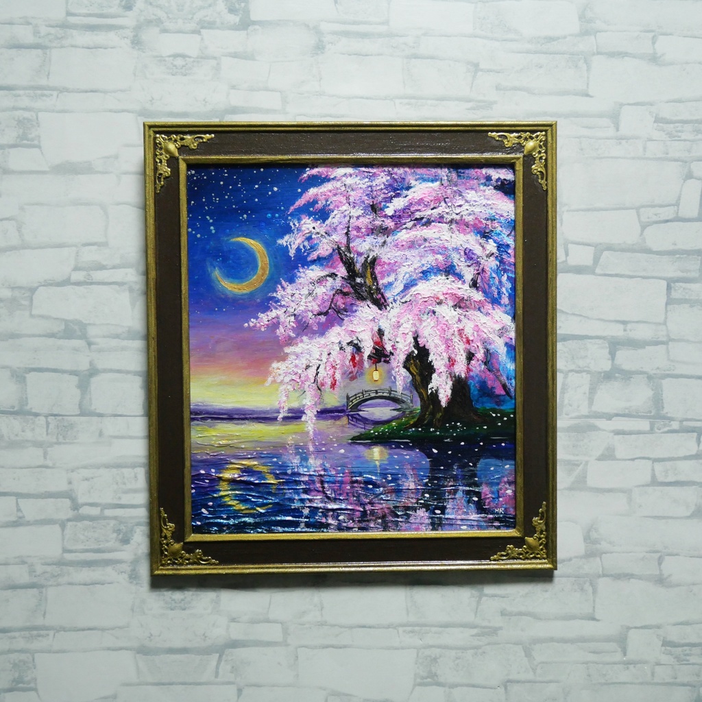 油絵 原画「月光に眠る夜桜」|桜の絵 インテリア アート 癒やしの夜景 壁掛け