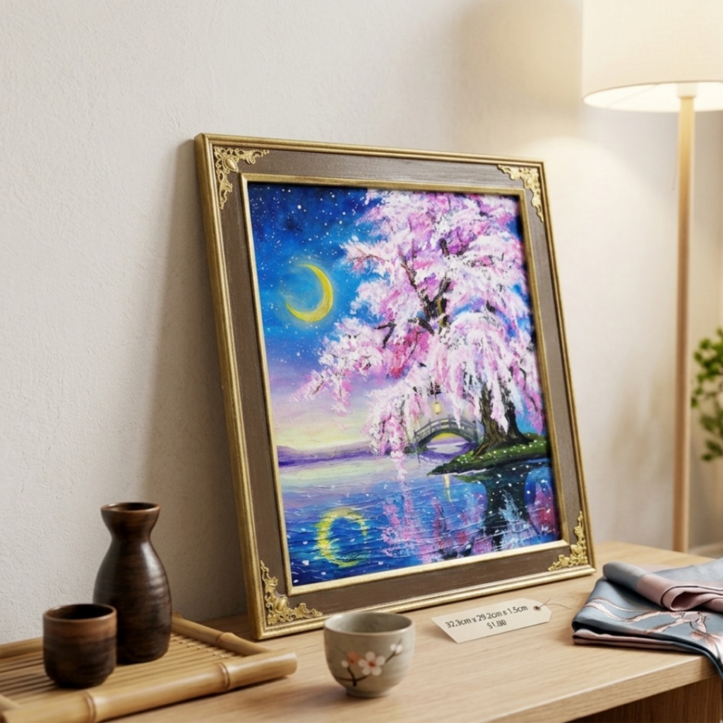 油絵 原画「月光に眠る夜桜」|桜の絵 インテリア アート 癒やしの夜景 壁掛け