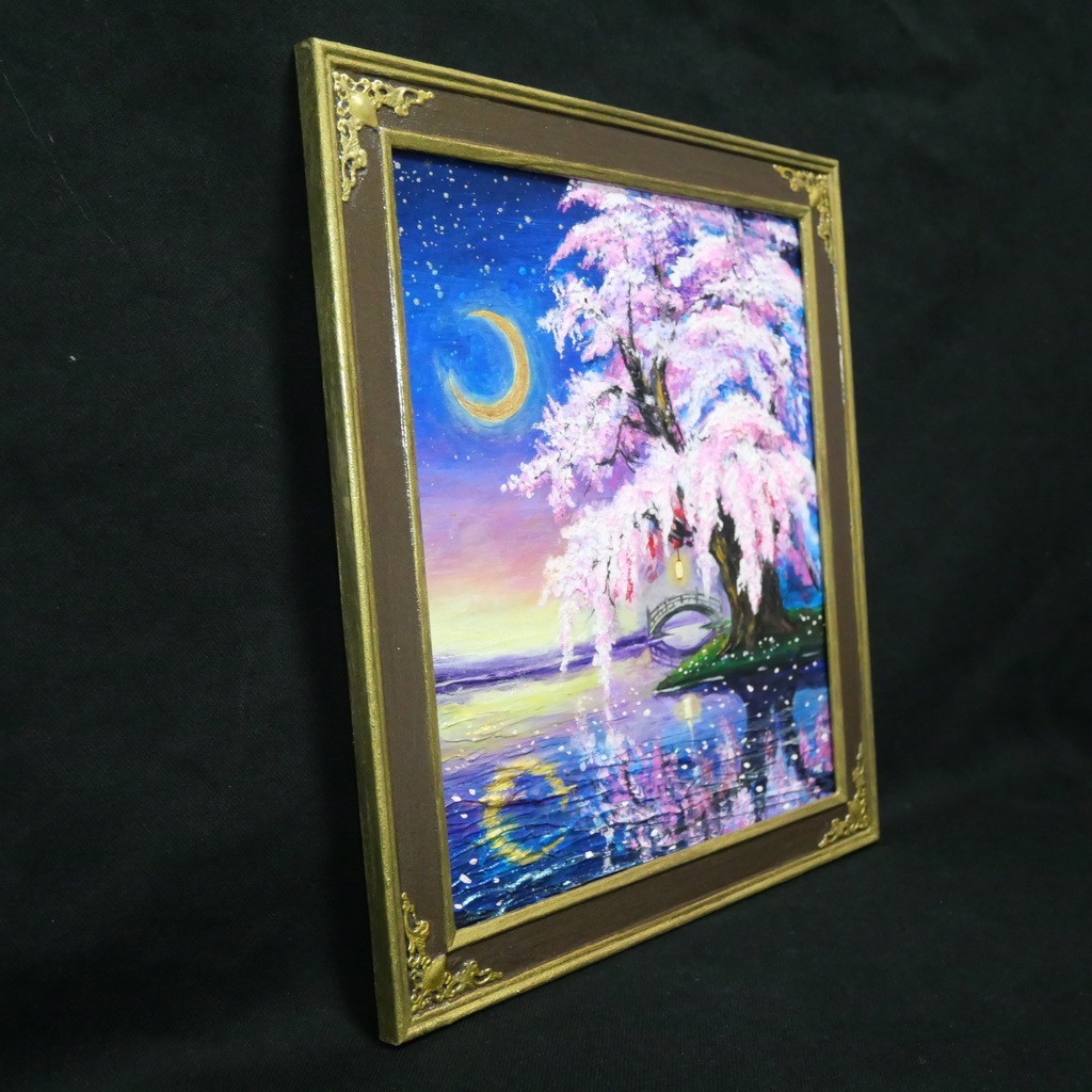 油絵 原画「月光に眠る夜桜」|桜の絵 インテリア アート 癒やしの夜景 壁掛け