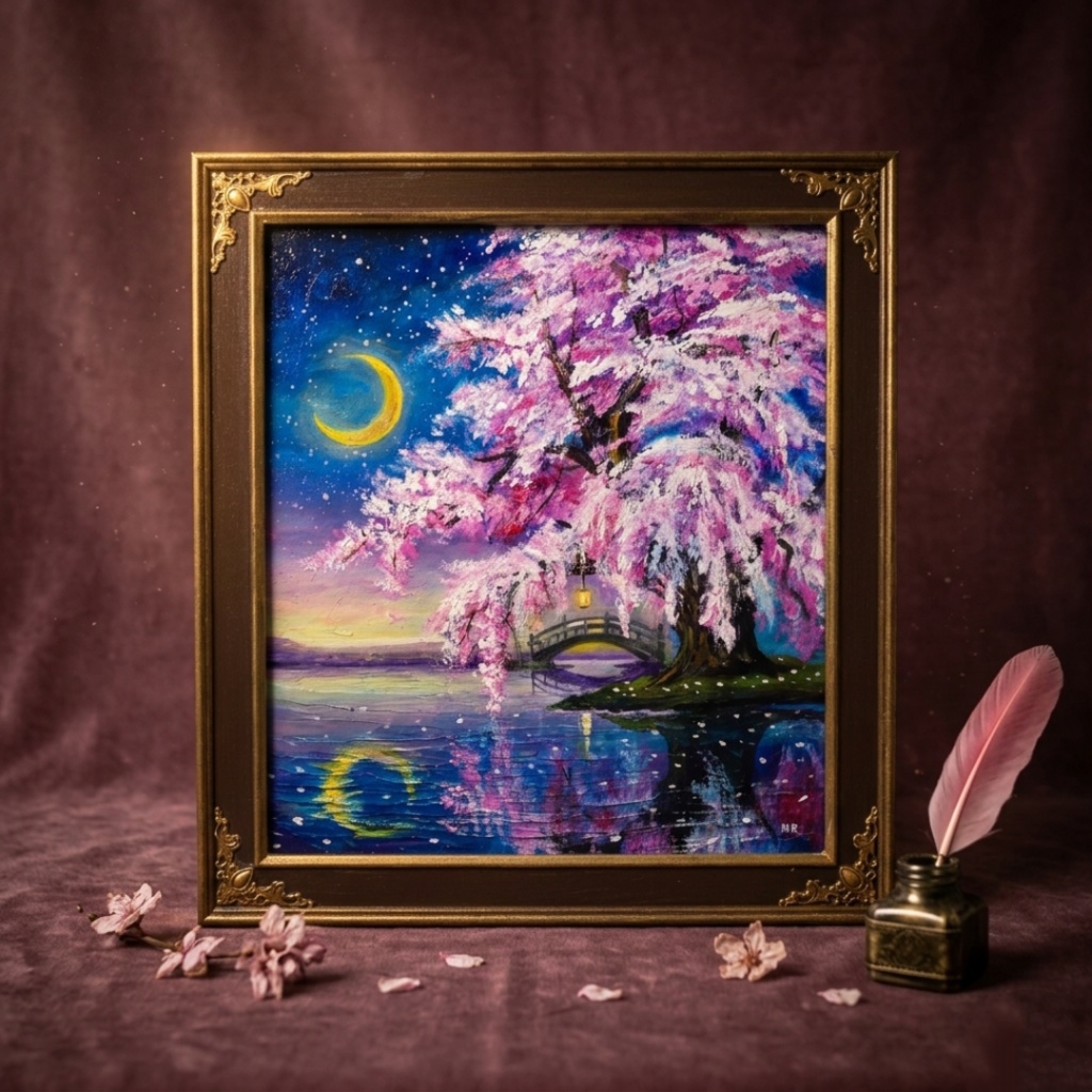 油絵 原画「月光に眠る夜桜」|桜の絵 インテリア アート 癒やしの夜景 壁掛け