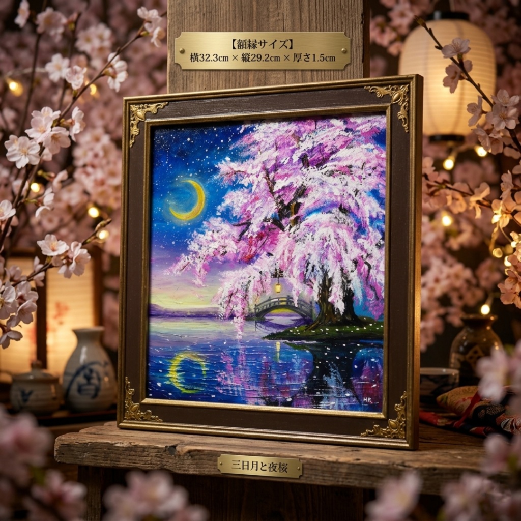 油絵 原画「月光に眠る夜桜」|桜の絵 インテリア アート 癒やしの夜景 壁掛け