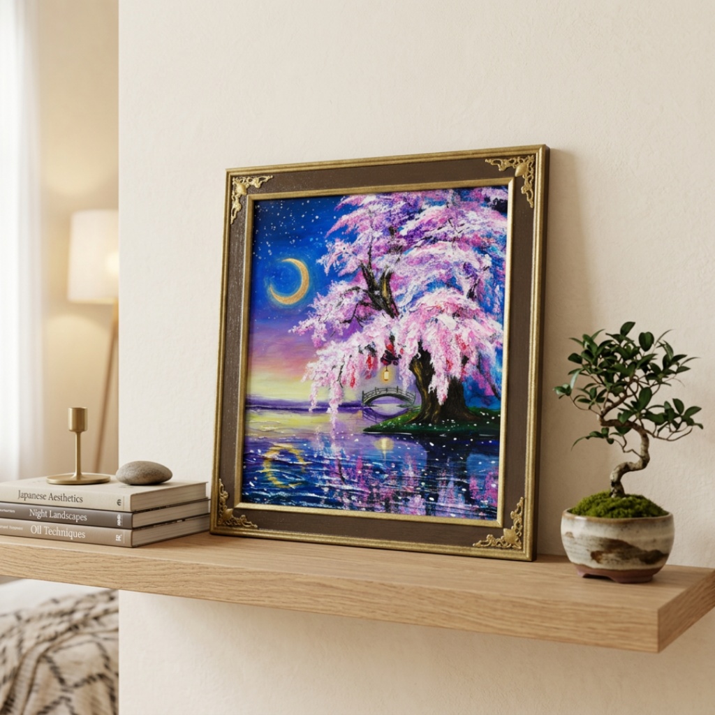 油絵 原画「月光に眠る夜桜」|桜の絵 インテリア アート 癒やしの夜景 壁掛け