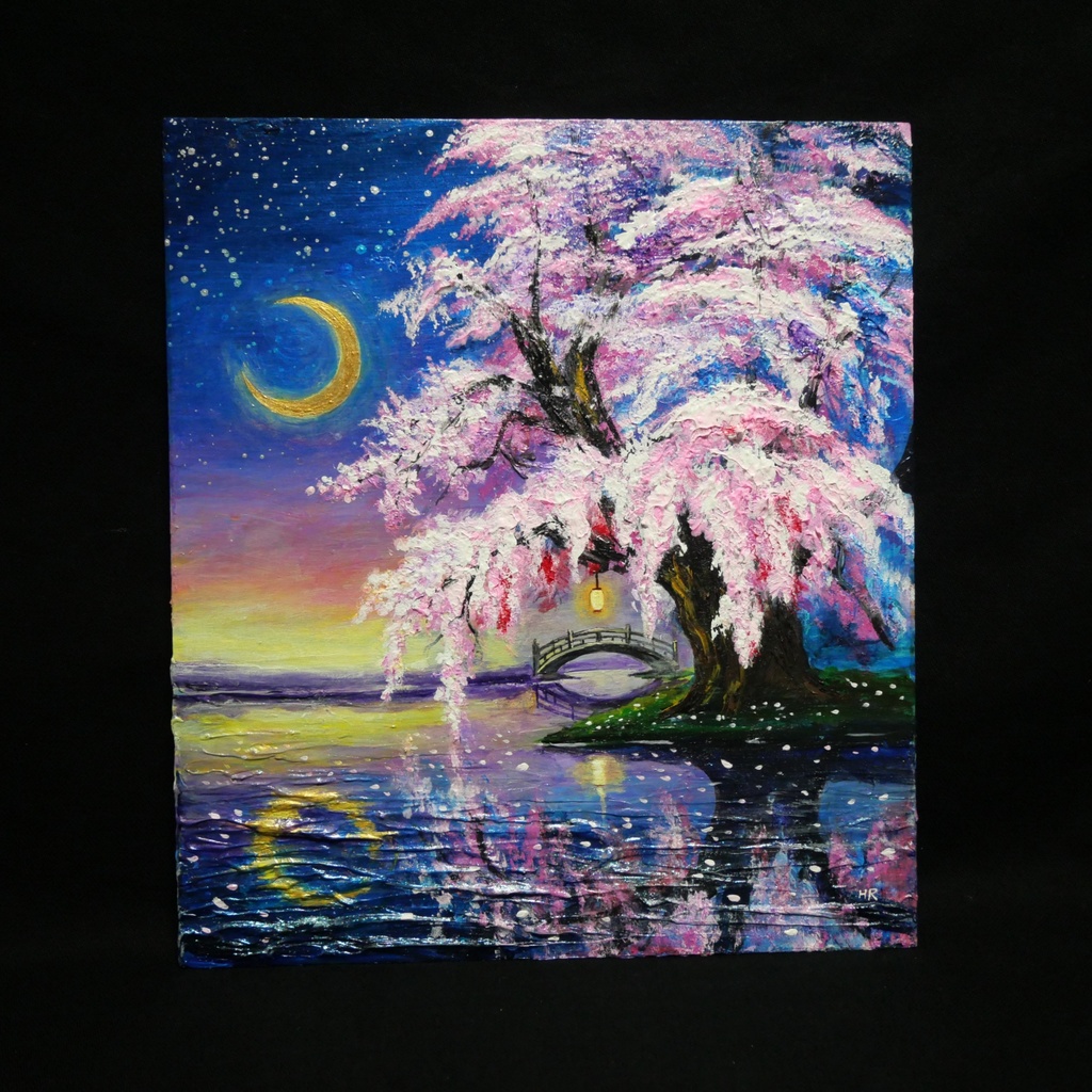 油絵 原画「月光に眠る夜桜」|桜の絵 インテリア アート 癒やしの夜景 壁掛け