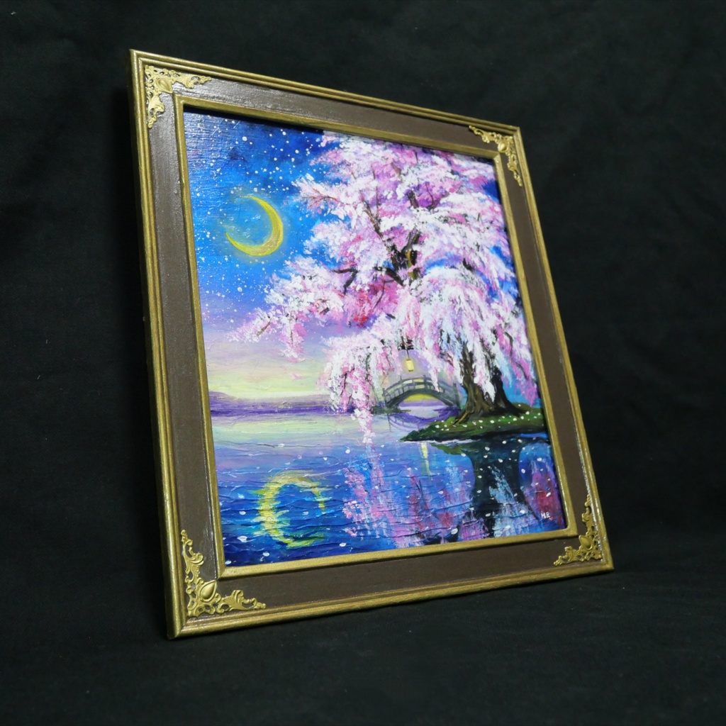 油絵 原画「月光に眠る夜桜」|桜の絵 インテリア アート 癒やしの夜景 壁掛け