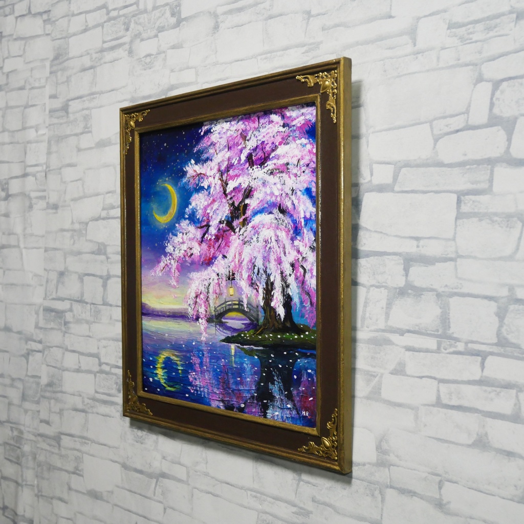 油絵 原画「月光に眠る夜桜」|桜の絵 インテリア アート 癒やしの夜景 壁掛け