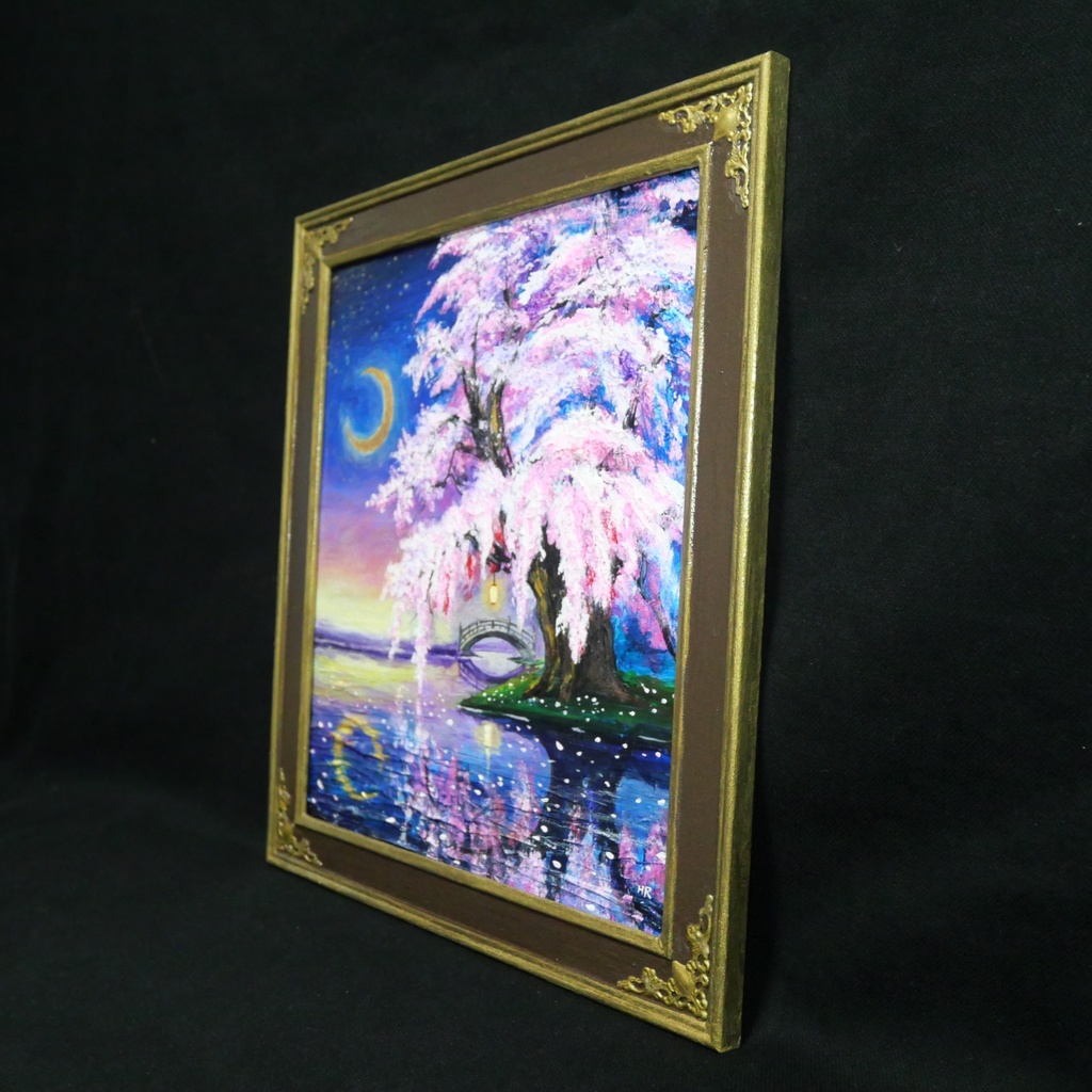 油絵 原画「月光に眠る夜桜」|桜の絵 インテリア アート 癒やしの夜景 壁掛け