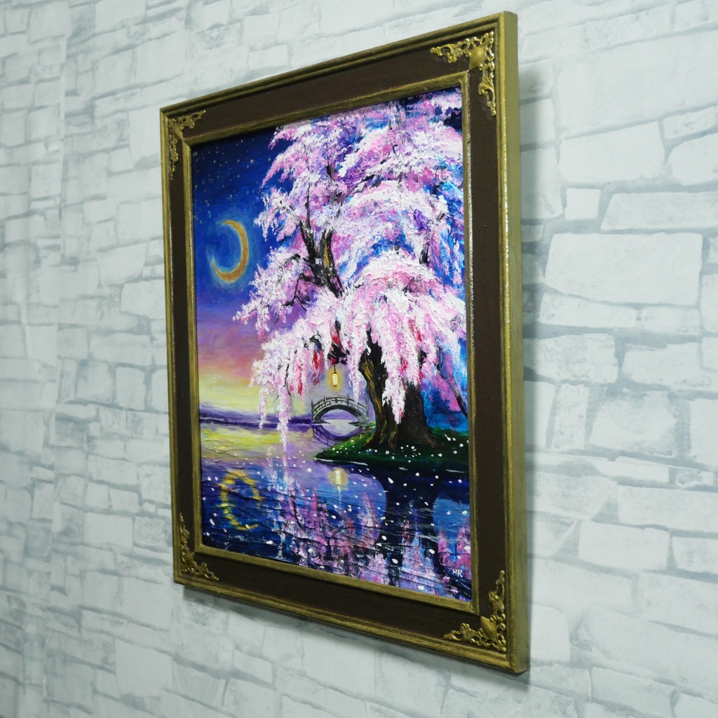 油絵 原画「月光に眠る夜桜」|桜の絵 インテリア アート 癒やしの夜景 壁掛け