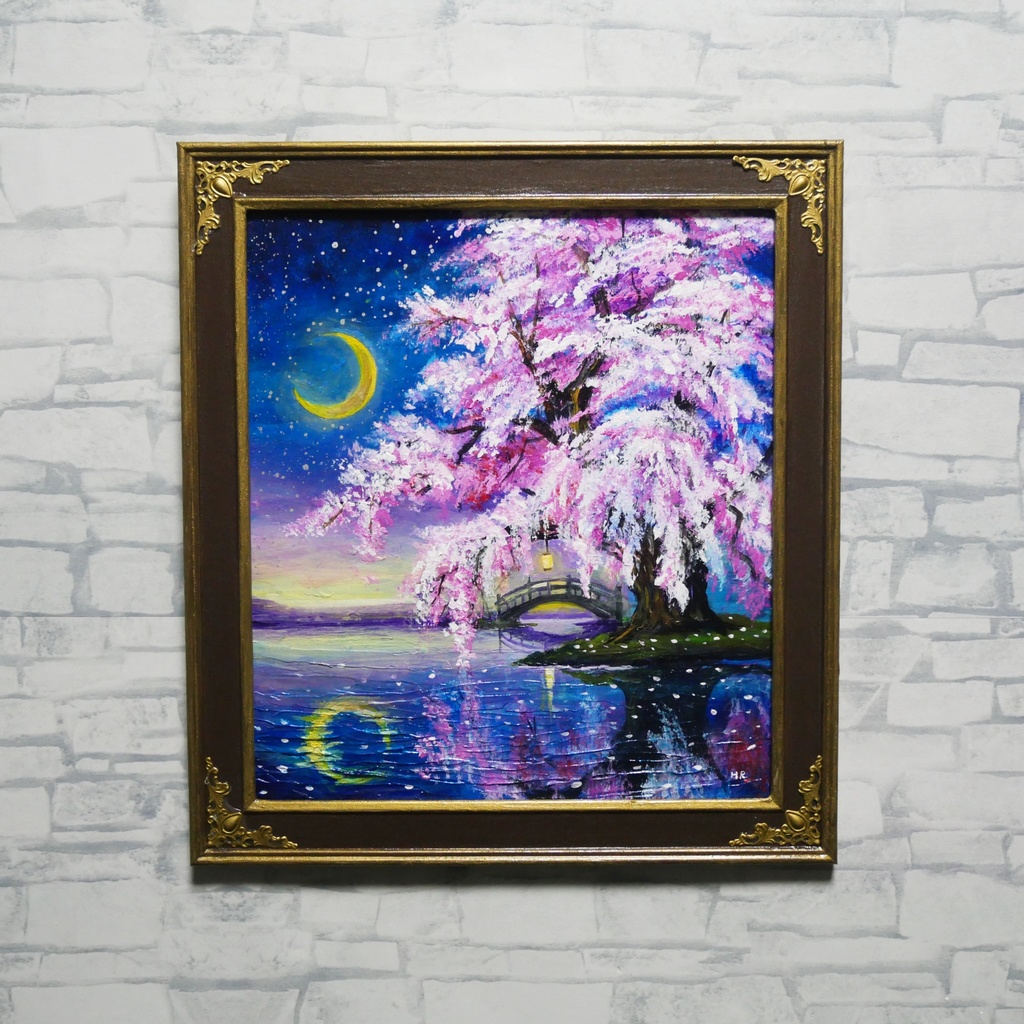 油絵 原画「月光に眠る夜桜」|桜の絵 インテリア アート 癒やしの夜景 壁掛け
