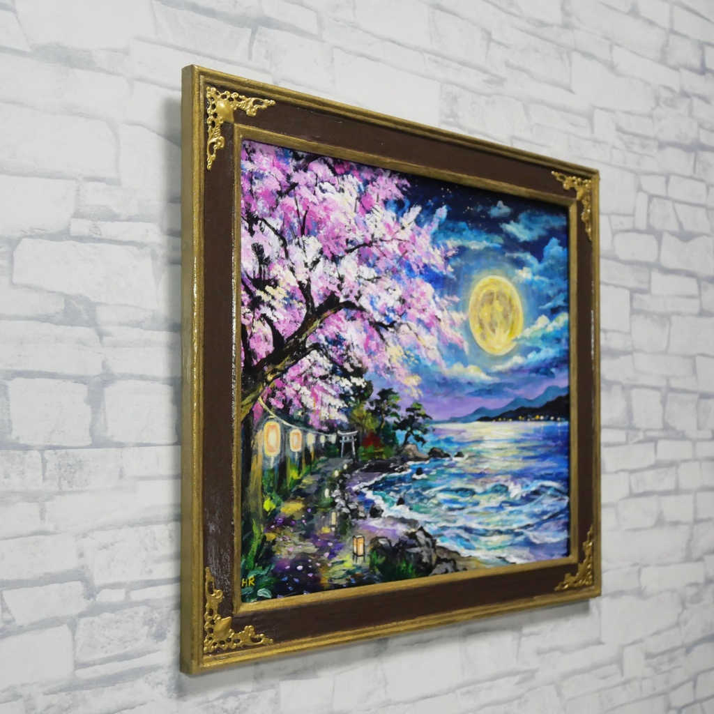 【原画】月下美桜|油彩画 桜 幻想的な夜の風景画 ギフト インテリア