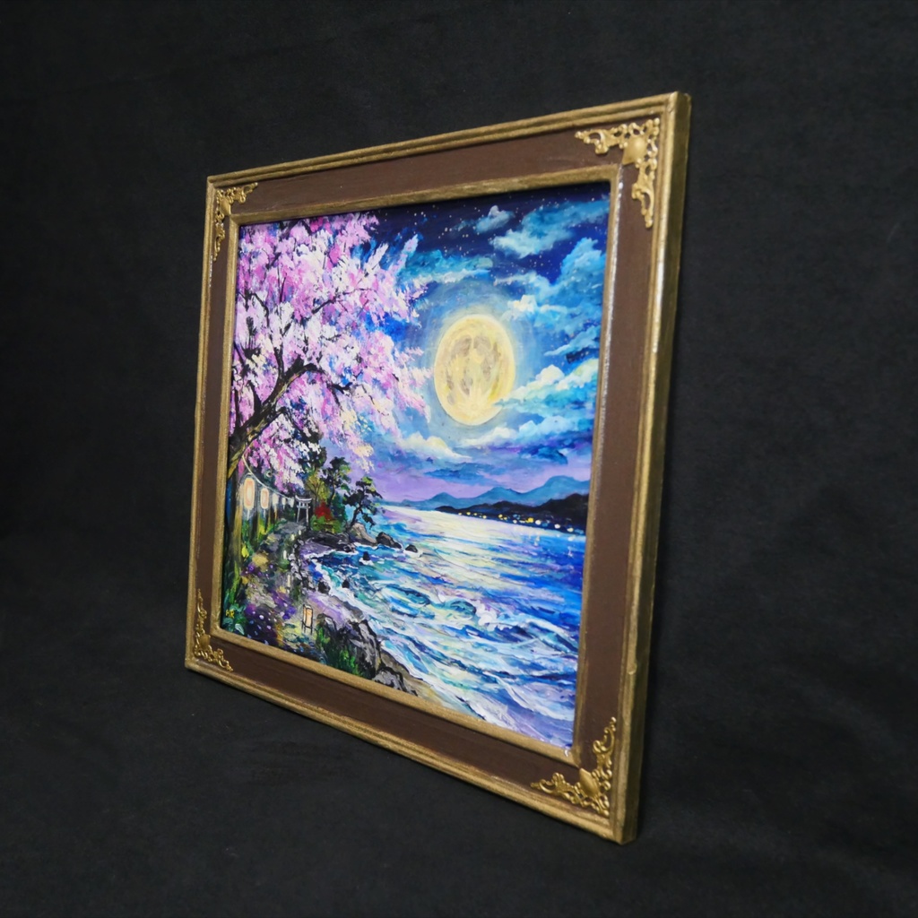 【原画】月下美桜|油彩画 桜 幻想的な夜の風景画 ギフト インテリア
