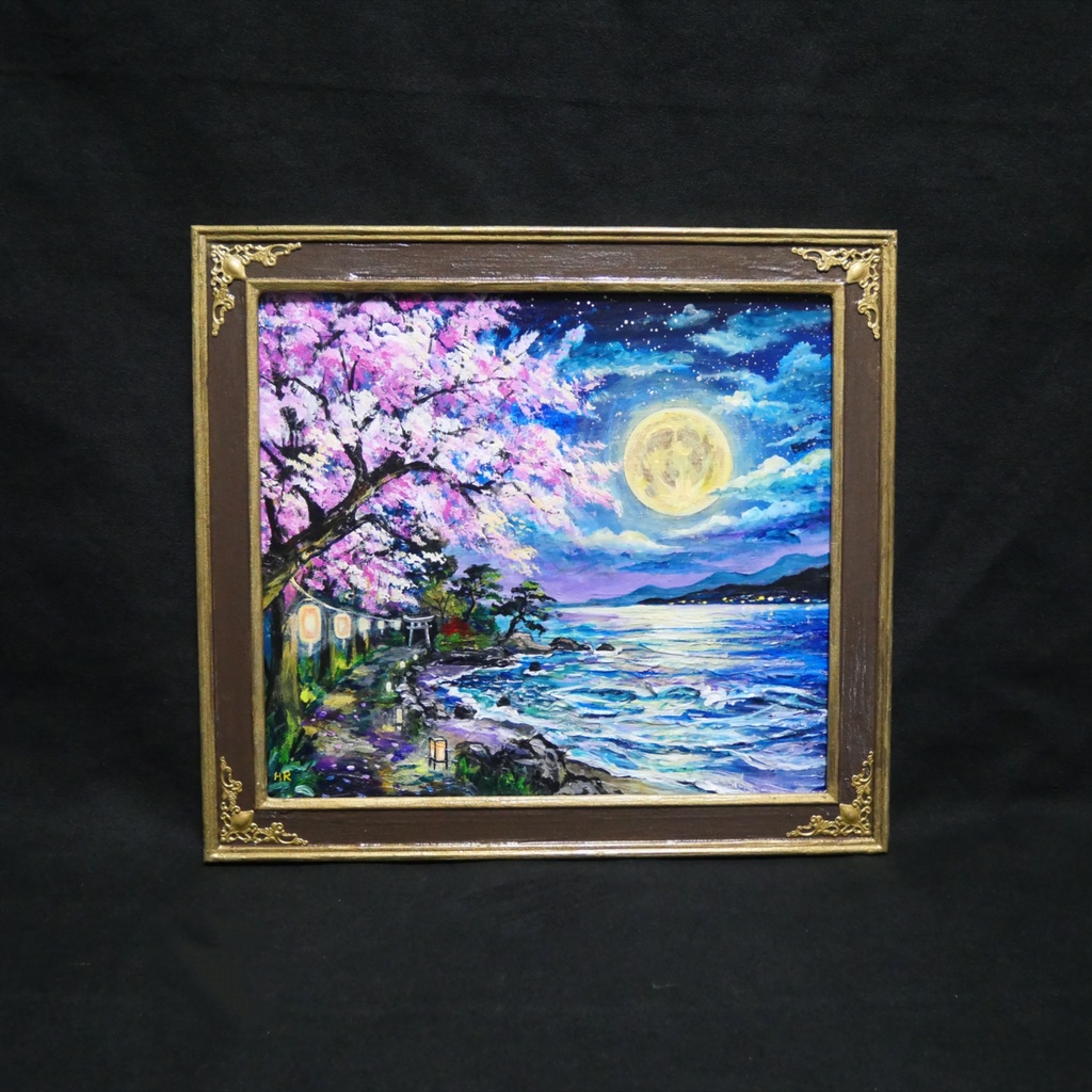 【原画】月下美桜|油彩画 桜 幻想的な夜の風景画 ギフト インテリア