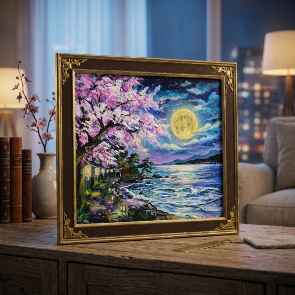 【原画】月下美桜|油彩画 桜 幻想的な夜の風景画 ギフト インテリア