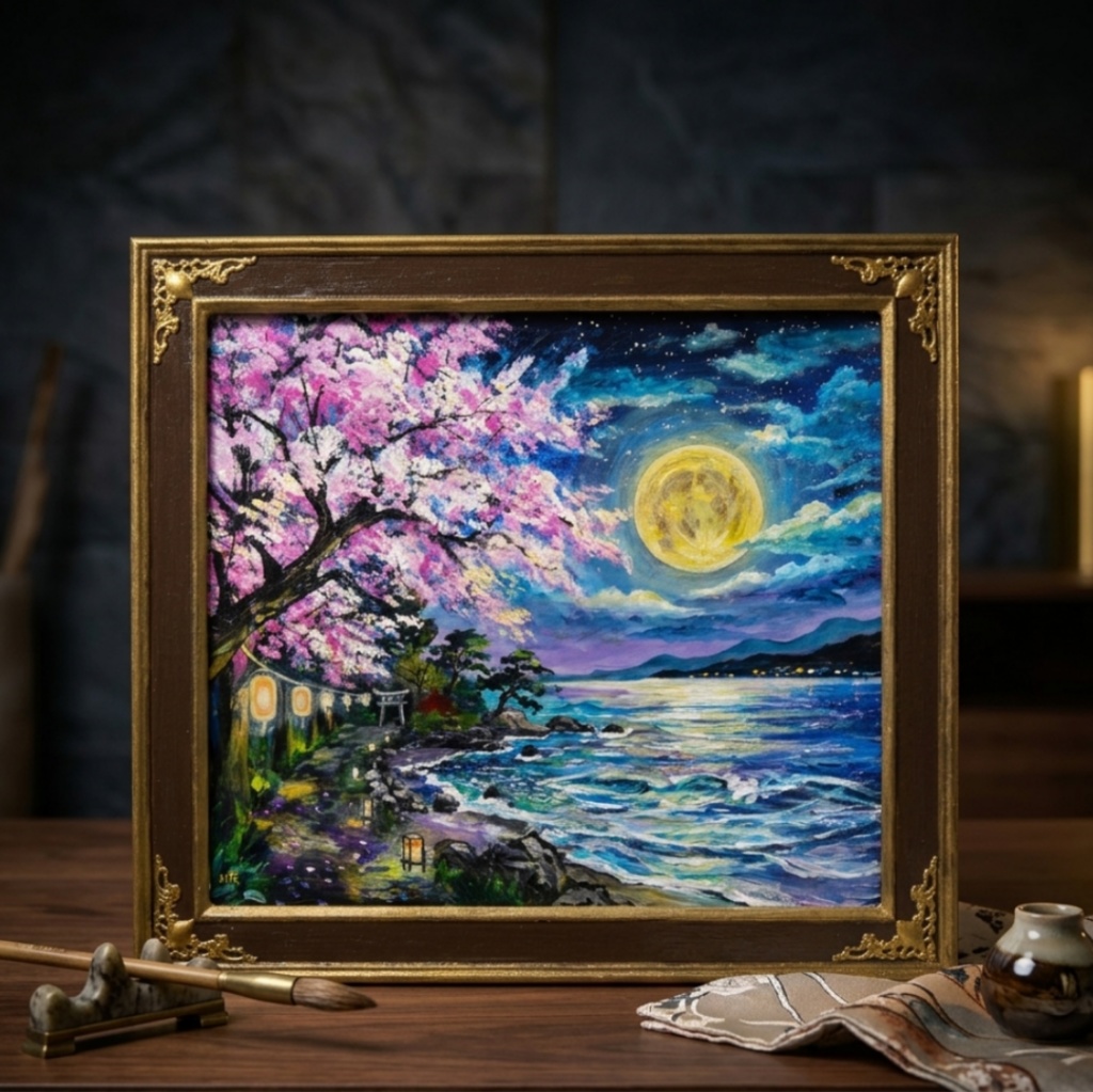 【原画】月下美桜|油彩画 桜 幻想的な夜の風景画 ギフト インテリア