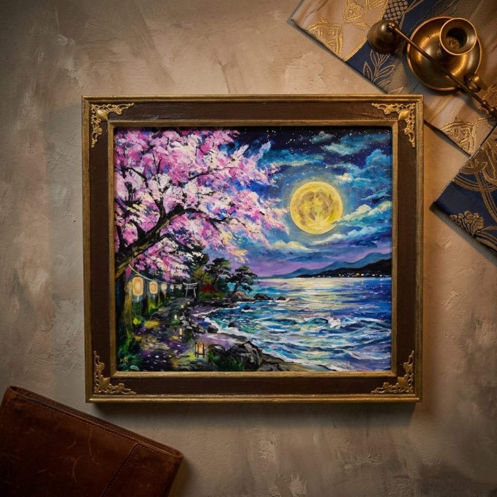 【原画】月下美桜|油彩画 桜 幻想的な夜の風景画 ギフト インテリア