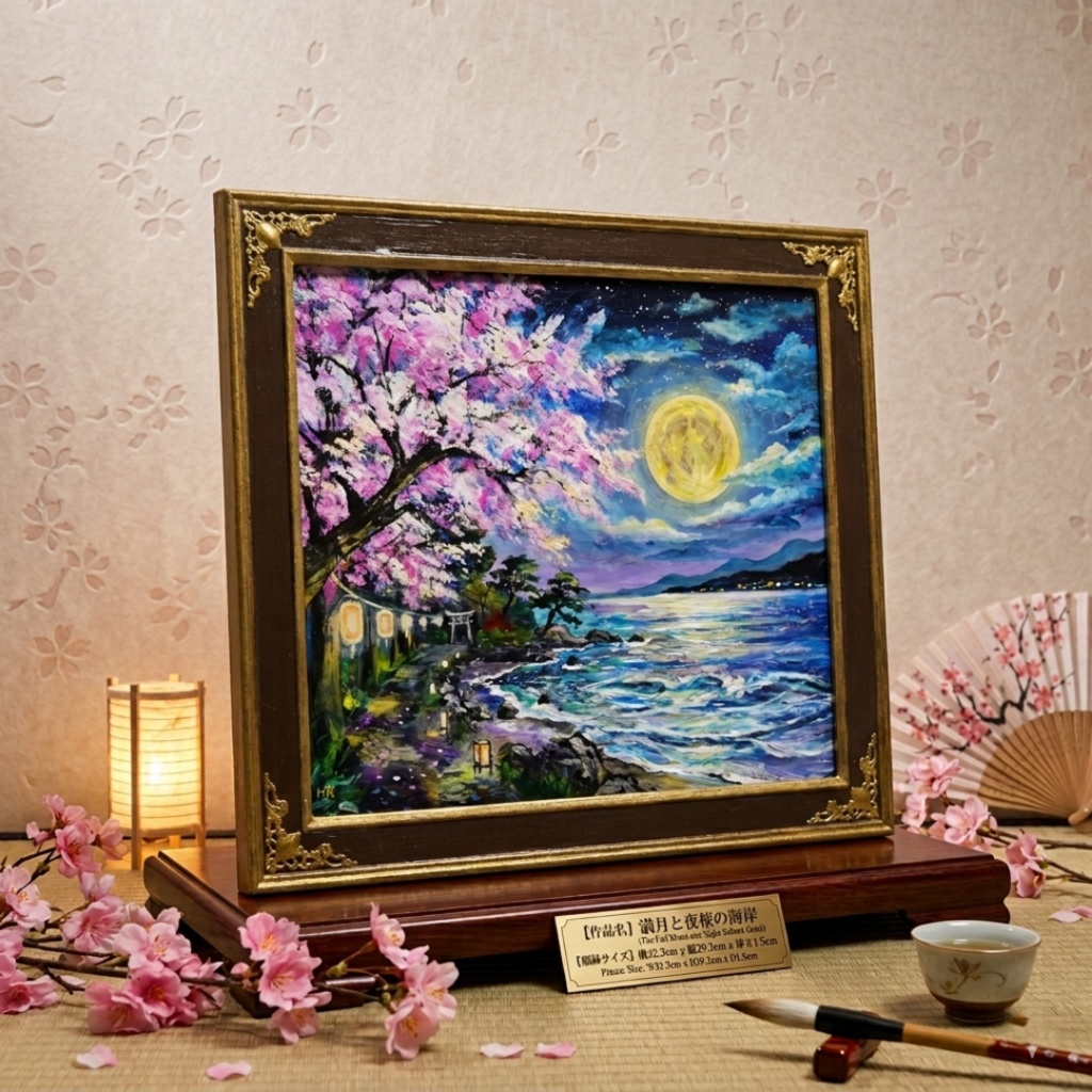 【原画】月下美桜|油彩画 桜 幻想的な夜の風景画 ギフト インテリア