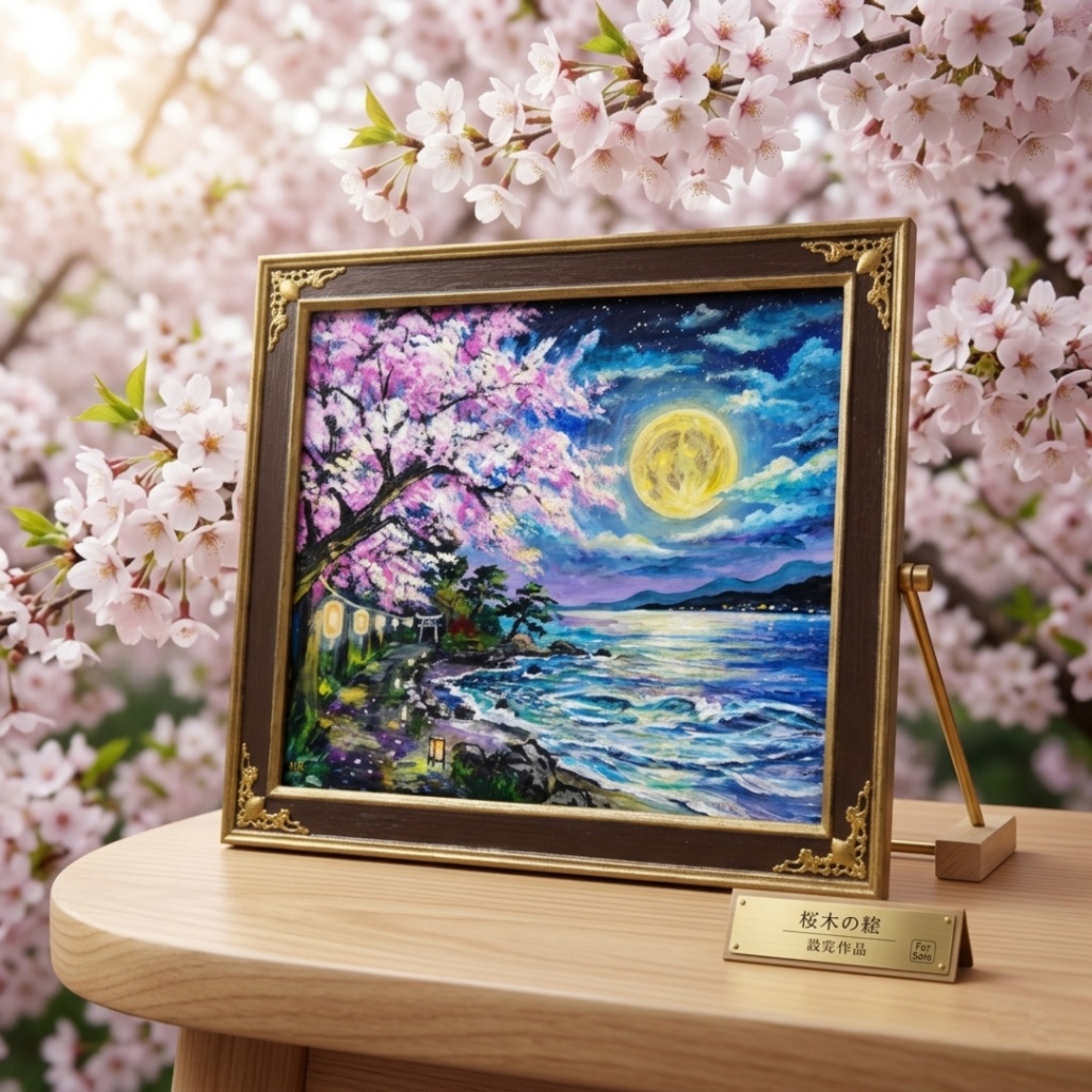 【原画】月下美桜|油彩画 桜 幻想的な夜の風景画 ギフト インテリア