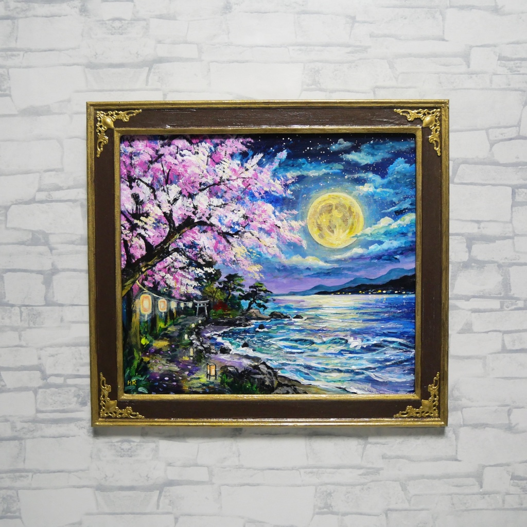 【原画】月下美桜|油彩画 桜 幻想的な夜の風景画 ギフト インテリア