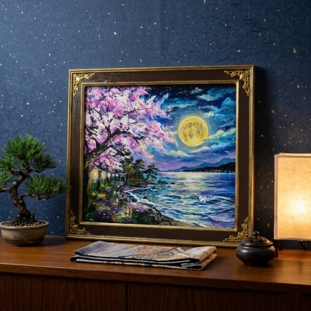 【原画】月下美桜｜油彩画 桜 幻想的な夜の風景画 ギフト インテリア