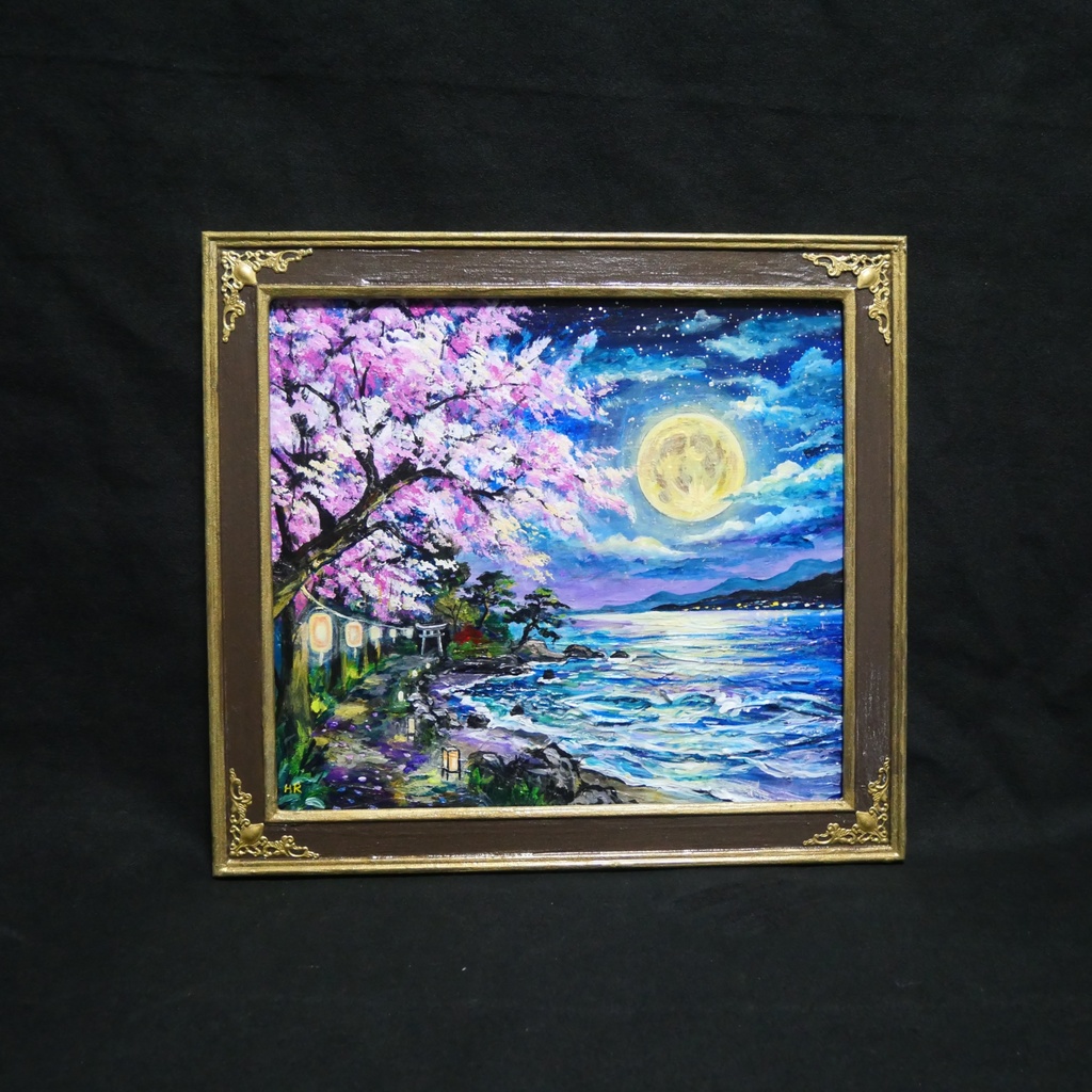 【原画】月下美桜|油彩画 桜 幻想的な夜の風景画 ギフト インテリア