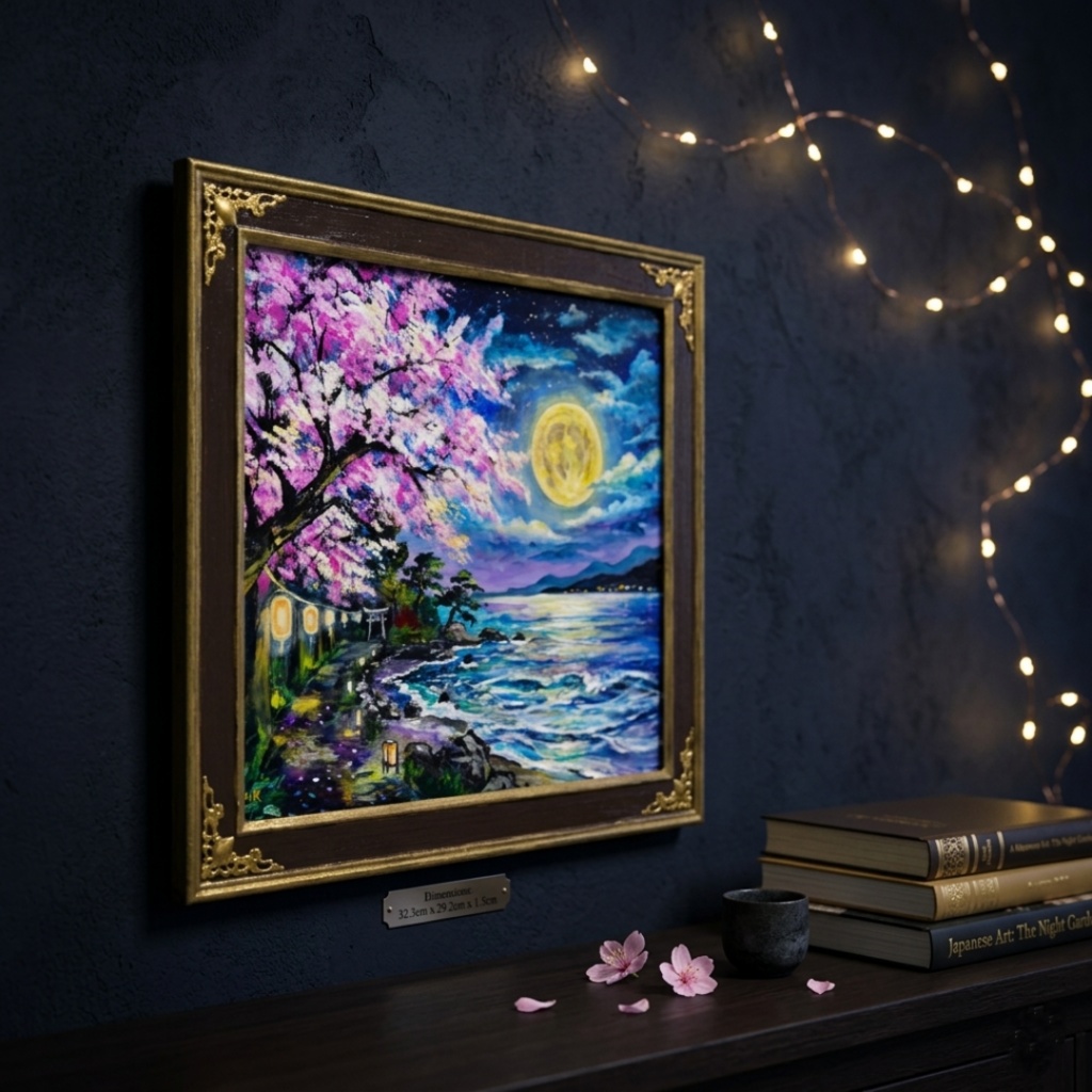 【原画】月下美桜|油彩画 桜 幻想的な夜の風景画 ギフト インテリア