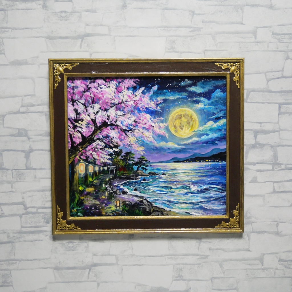 【原画】月下美桜|油彩画 桜 幻想的な夜の風景画 ギフト インテリア