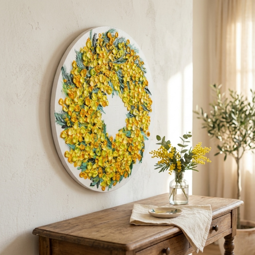 油絵 原画「幸せを呼ぶミモザの輪」ミモザ リース 絵画 花 インテリアアート 一点物 ナチュラルインテリア・北欧風のお部屋に インテリア