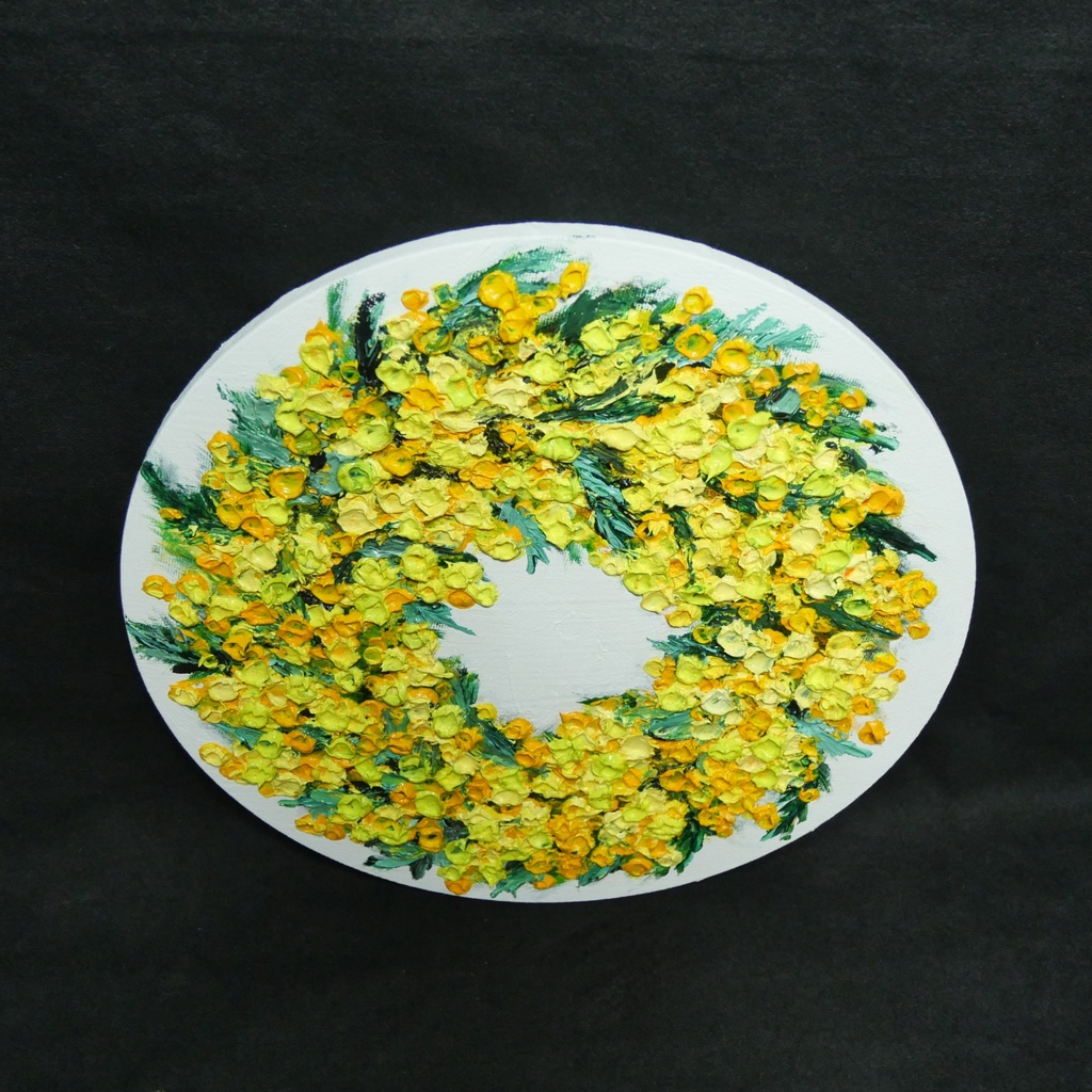 油絵 原画「幸せを呼ぶミモザの輪」ミモザ リース 絵画 花 インテリアアート 一点物 ナチュラルインテリア・北欧風のお部屋に インテリア