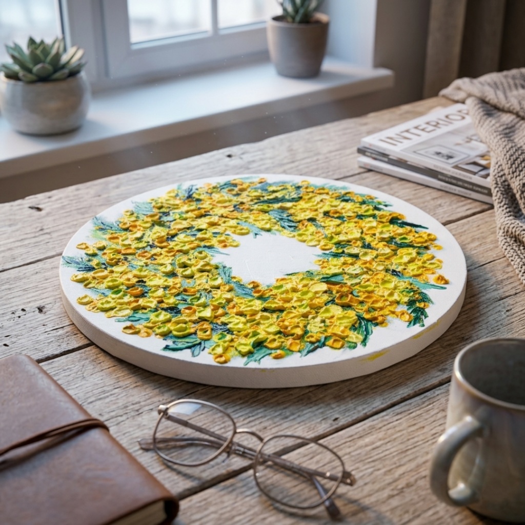 油絵 原画「幸せを呼ぶミモザの輪」ミモザ リース 絵画 花 インテリアアート 一点物 ナチュラルインテリア・北欧風のお部屋に インテリア